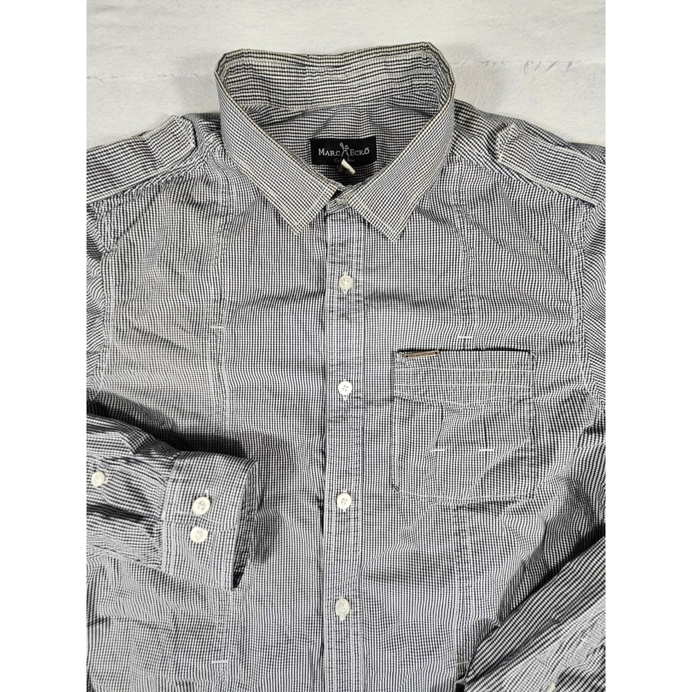 Marc Ecko Cut & Sew Mens Medium Gingham Button Up Shirt Navy Blue White Long Slv